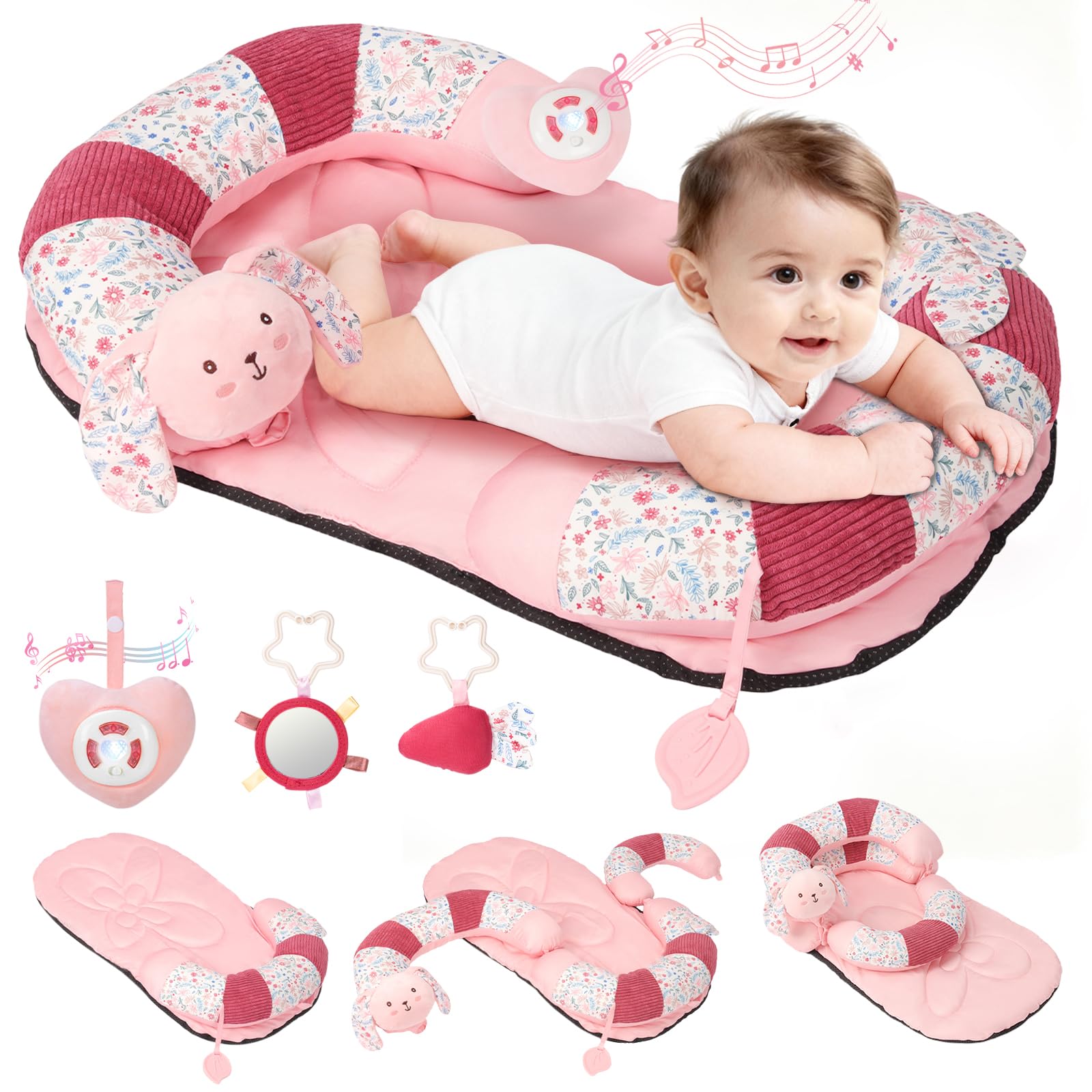 Photo 1 of 2-in-1 Tummy Time Mat & Seated Support Pillow with 5 Sensory Toys, Baby Floor Seat for Tummy Time & Early Sitting, Soft, Supportive, Essentials Development Gifts for Newborn Babies