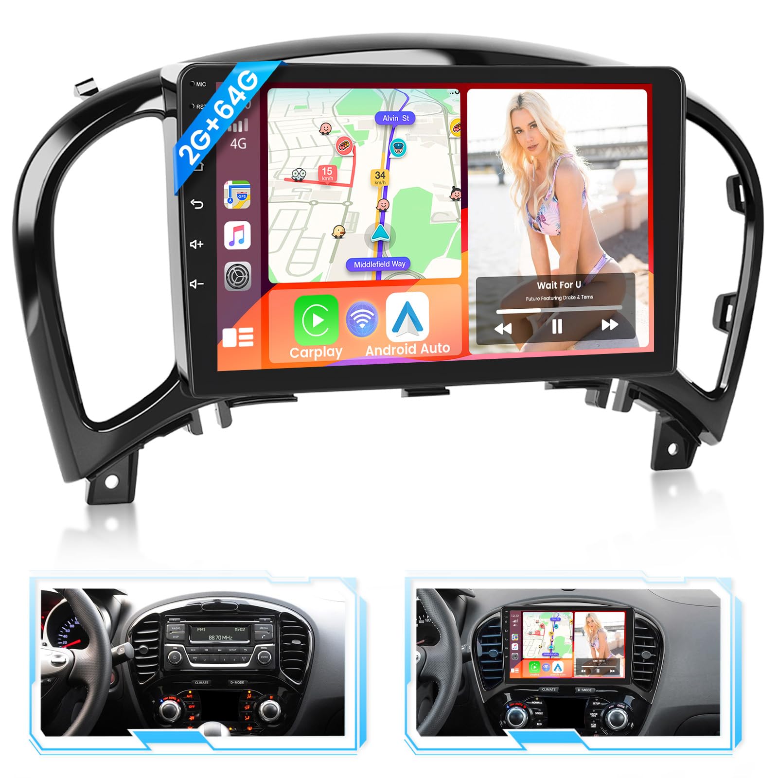 Photo 1 of 2+64G Android 15 Stereo for Nissan Juke 2011-2016 with Wireless Apple CarPlay Android Auto, 9 inch Touch Screen Radio with GPS Navi WiFi Bluetooth SWC FM RDS Radio EQ Mirror Link+AHD Backup Camera