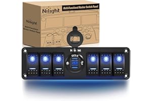 Nilight 6 Gang Rocker Switch 12V SPST ON Off Switch QC 3.0 USB Charger Voltmeter Waterproof Aluminum Rocker Switch Panel Night Glow Stickers for Boats Cars RVs Trucks, 2 Years Warranty,Blue