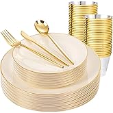 bUCLA 150PCS Ivory Plastic Plates with Gold Trim - Heavy Duty Cream Plastic Disposable for Party & Wedding - Include 25 Each(Dinner & Dessert) Plates, 25 Knives, 25 Forks, 25 Spoons & 25 Cups