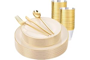 bUCLA 150PCS Ivory Plastic Plates with Gold Trim - Heavy Duty Cream Plastic Disposable for Party & Wedding - Include 25 Each（Dinner & Dessert） Plates, 25 Knives, 25 Forks, 25 Spoons & 25 Cups