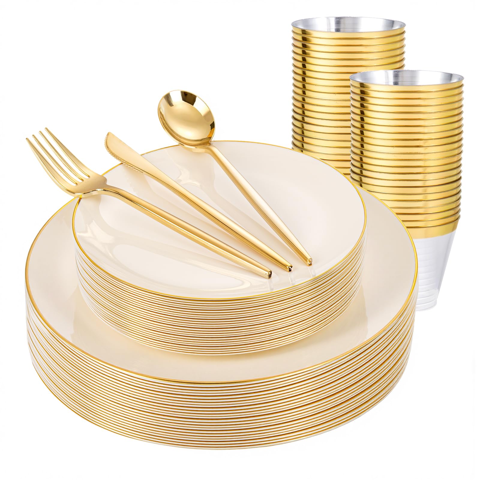 Photo 1 of bUCLA 150PCS Ivory Plastic Plates with Gold Trim - Heavy Duty Cream Plastic Disposable for Party & Wedding - Include 25 Each?Dinner & Dessert? Plates, 25 Knives, 25 Forks, 25 Spoons & 25 Cups