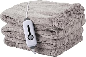 McJaw Electric Blanket Heated Throw Size 50''x60'', Faux Fur Heated Blanket with 3 Hour Auto Off & 4 Heating Level, Machine Washable, Light Brown