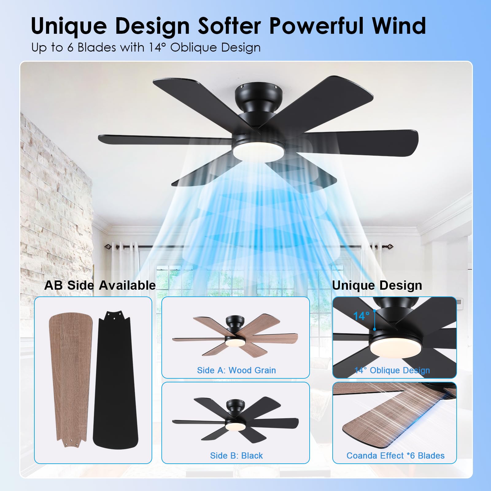 46 inch Ceiling Fans with Lights, Black Ceiling Fan with Remote APP, Dual-Sided Modern/Rustic 6 Blades, Reversible, 3CCT, Flush Mount Low Profile Ceiling Fan with Lights Bedroom Kitchen Indoor