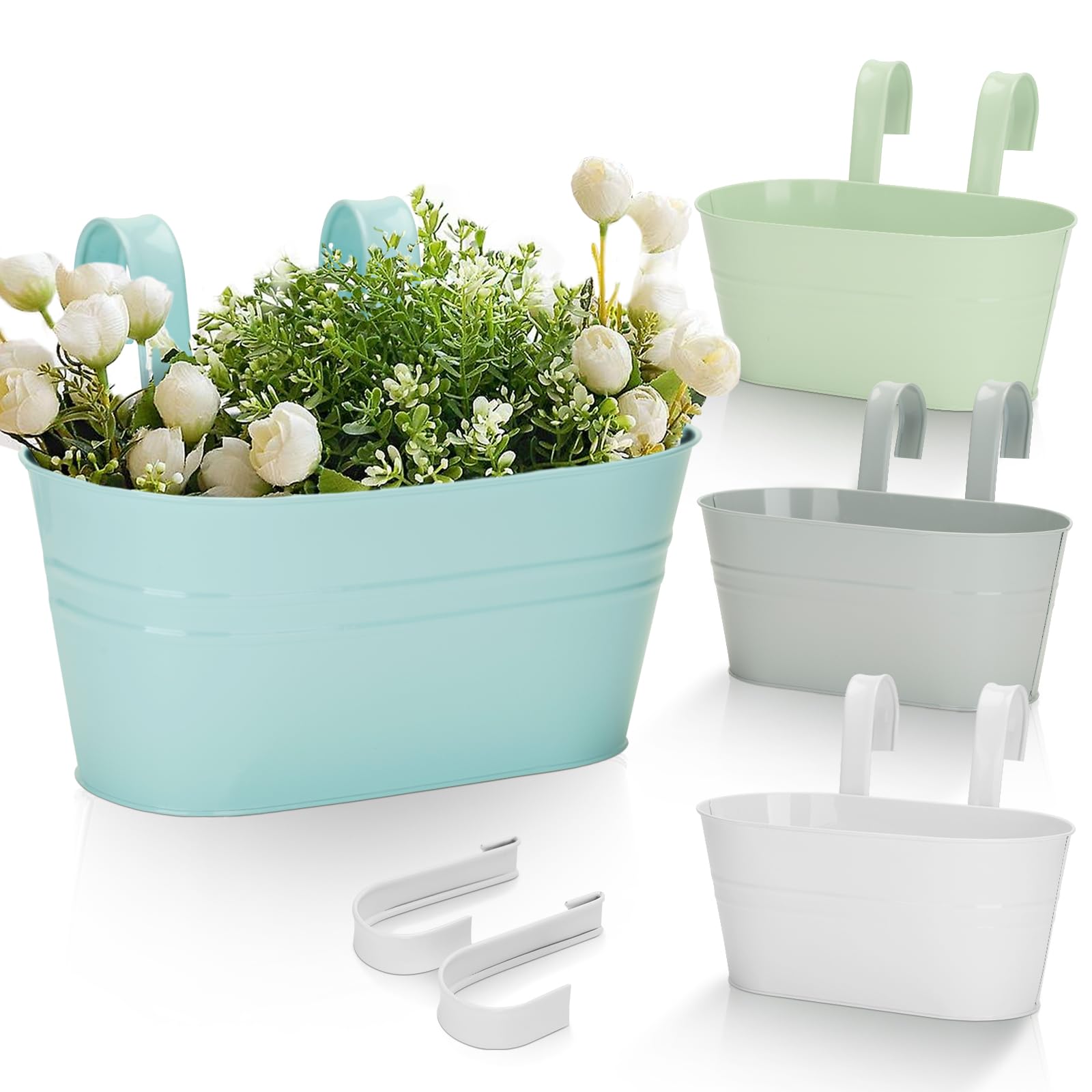 KINGLAKE 4Pcs Metal Hanging Plant Pots, 27cm Coloured Fence Hanging Planters Flower Pots Holder Large Balcony Planters for Railing Outdoor Garden Home Décor with Detachable Hooks (Macaron Color)