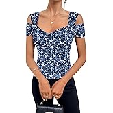Blingfit Blouses for Women Summer Cold Shoulder Tops Casual Tunic Short Sleeve T Shirt Sexy V Neck Blouses Plus Size XL
