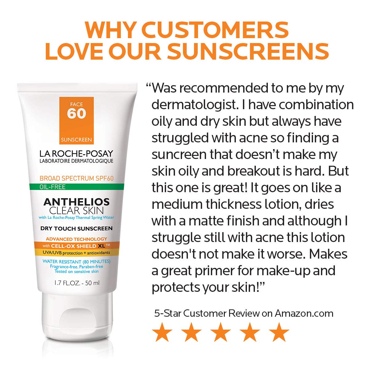 La Roche-Posay Anthelios Clear Skin Dry Touch Sunscreen Broad Spectrum SPF 60, Oil Free Face Sunscreen, Non-Greasy, Oxybenzone Free, 1.7 Fl. Oz: Premium Beauty