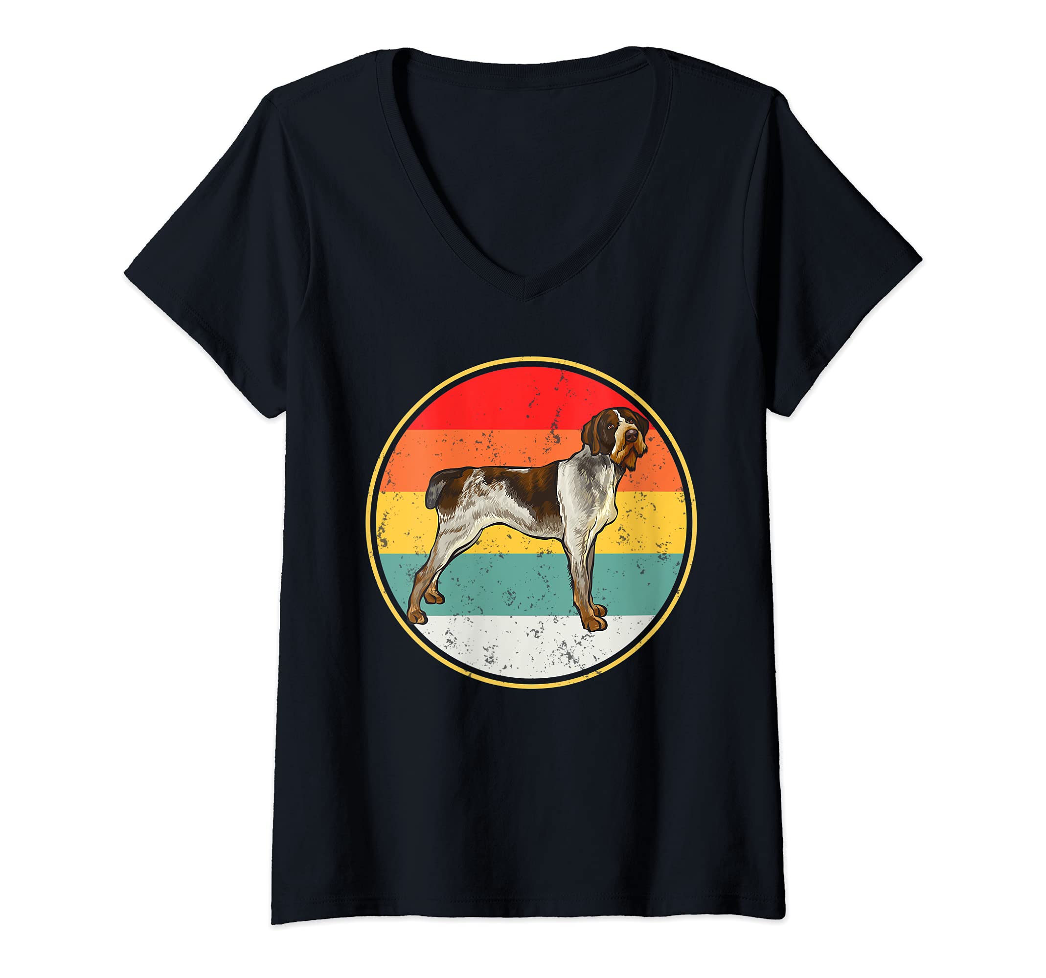 Womens Vintage Retro Sunset German Wirehaired Pointer Dog V-Neck T-Shirt