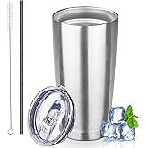 GUDEMAO 20 oz Tumbler with Lids and Straws, Stainless Steel Insulated Coffee Tumbler, Double Wall Vacuum Insulated Travel Mug Cup, Leakproof Thermal Coffee Cup for Hot and Cold Drinks (Silver)
