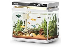 URUQ Fish Tank Smart Aquarium Kit: 2 Gallon UHD Glass Silent Water Pump Self Cleaning Multi-layer Filtration System - Temperature Sensing 7-color Lighting for Small Fish Betta Kids Room Desktop Decor White
