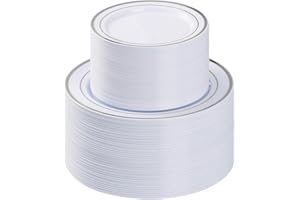 BESTVIP 200PCS Silver Plastic Plate, Disposable Party Plates with 100 Dinner Plates and 100 Dessert Plates, Plastic Plates for Party, Wedding and Birthday