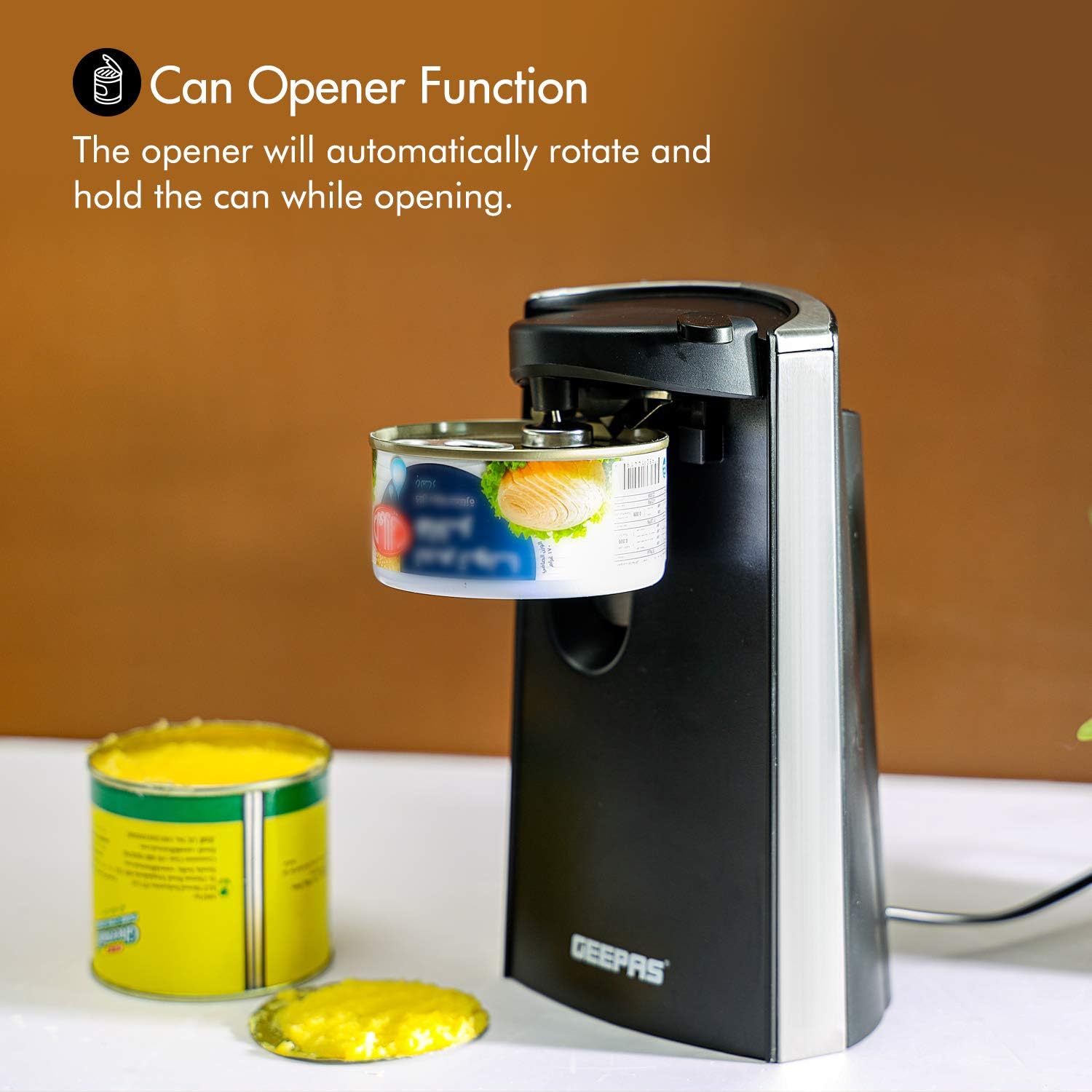 Geepas 3-in-1 Can Opener, Bottle Opener and Knife Sharpener, 3 Functional Can Opener, Cord-Storage Design - Image 4