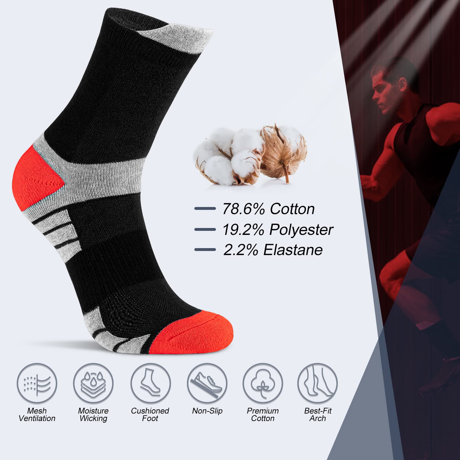 Niofind Socken Herren Damen 43-46 37-42, 6 Paar Baumwolle Sportsocken, Wandersocken, Arbeitssocken, Atmungsaktiv Tennissocken, Laufsocken, Elastische Sneaker mit Dicke Frotteesohle 5