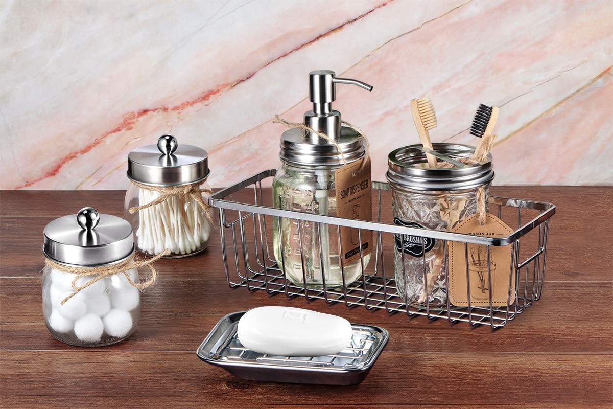 Mason Jar Bathroom Accessories Set- 6PCS - Lotion Soap Dispenser,Toothbrush Holder,2 Apothecary Jars(Qtip Holder), Soap Dish,Storage Organizer Basket - Rustic Farmhouse Decor (Brushed Nickel): Kitchen & Dining