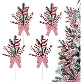 Candy Christmas Tree Picks Set of 4, 15 Inch Peppermint Candy Ornament Sprays with Bow and Greenery, Red & White Candy Cane Christmas Decorations for Tree, Candyland Holiday Decor