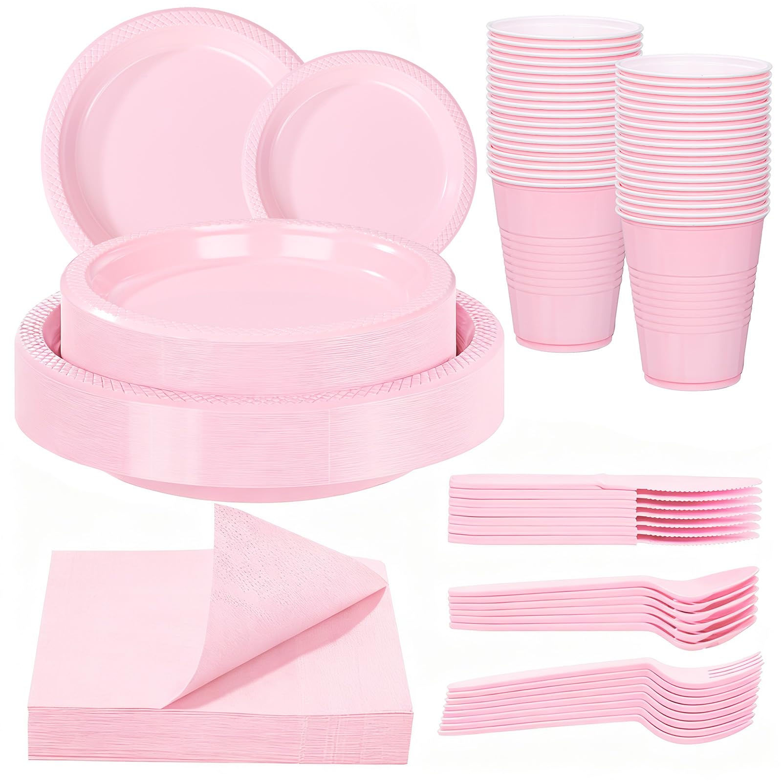 Photo 1 of WELLIFE 210 Pieces Pink Party Supplies, Disposable Dinnerware Set, Including Pink Plastic Plates, 16OZ Cups, Plastic Cutlery and Napkins Serve 30 Guests for Party