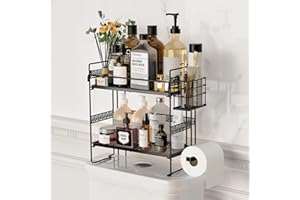 Iirios Over The Toilet Storage, Upgrade 2-Tier Folding Bathroom Organizer Shelves, Metal Multifunctional Toilet Rack with Basket and Paper Holder, No Assembly, No Drilling Space Saver (Black)