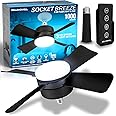 Bell+Howell Socket Breeze Deluxe, Small Ceiling Fan with LED Light and Remote, Adjustable Speeds and Brightness, Light Socket Fan for Bedroom, Kitchen, Living Room, 1000 Lumens
