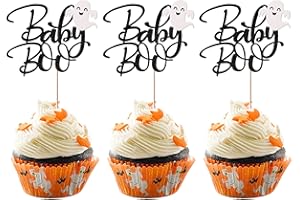 Rsstarxi 24 Pack Ghost Baby Boo Cupcake Toppers Glitter Spooky Little Boo Cupcake Picks for Halloween Theme Baby Shower Kids Boys Girls Birthday Party Cake Decorations Supplies Black