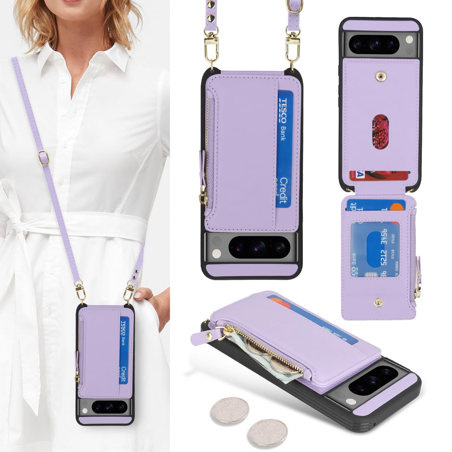 SailorTech for Google Pixel 8 Pro Phone Case with Credit Card Holder for Women, Google Pixel 8 Pro Leather Case Wallet Crossbody with Card Slots Zipper Shockproof Case for Men-Purple — image 1