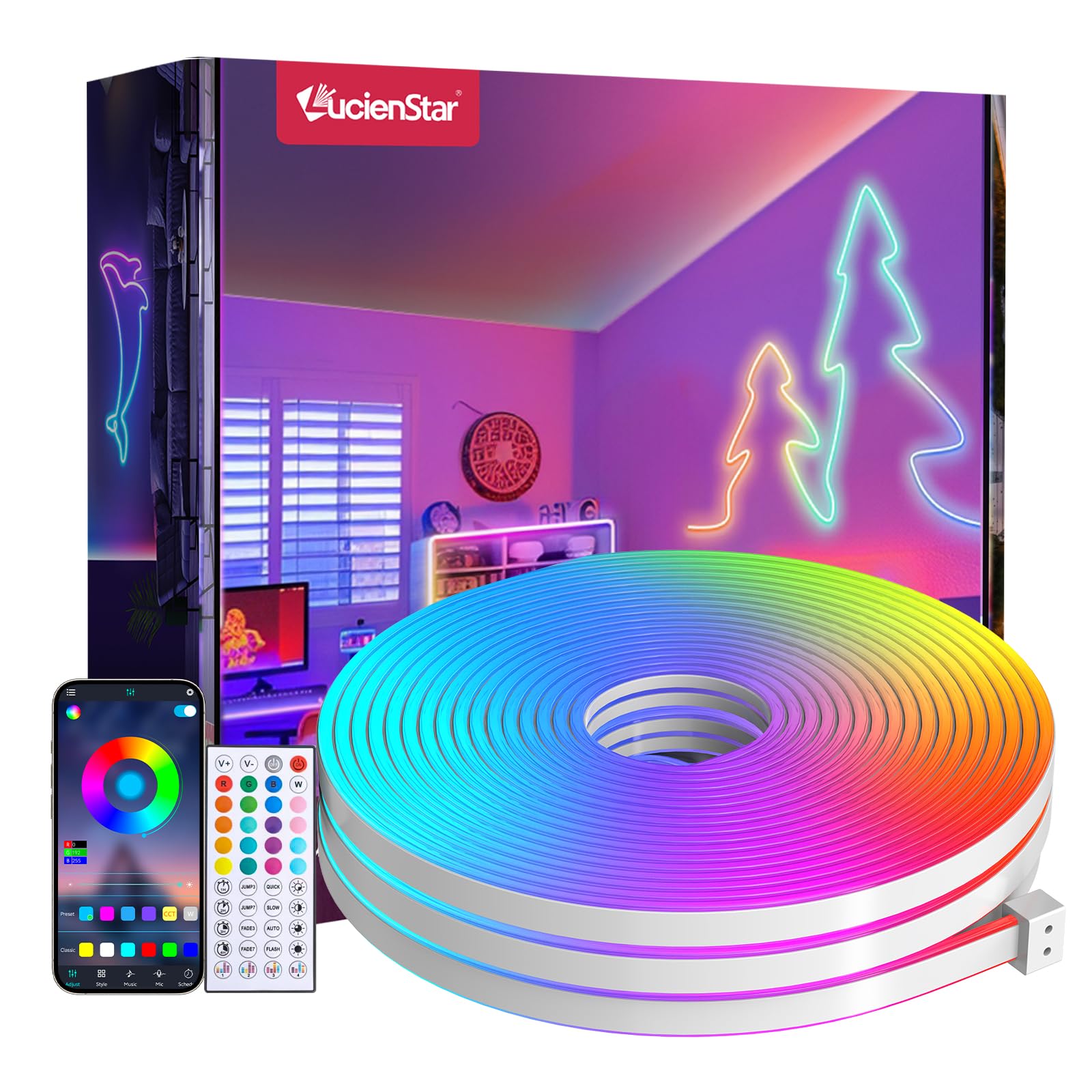 Lucienstar 5M 12V RGB Neon Rope Light, IP67 Waterproof Flexible LED Neon Lights Strip with Remote & APP Control, Music Sync for Bedroom DIY Garden, Party Decor [Energy Class F]