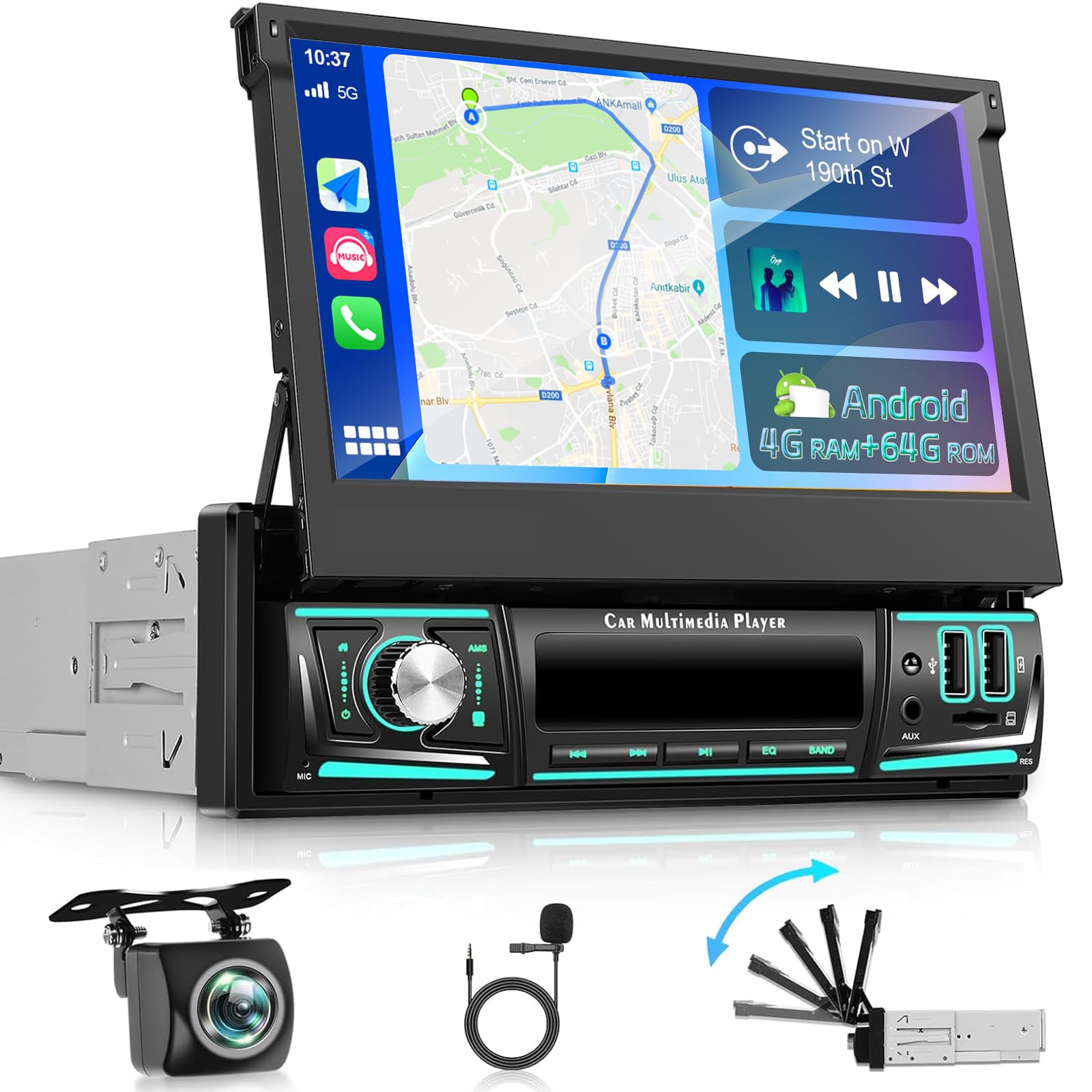 Photo 1 of [4+64G] NHOPEEW Single Din Flip Out Car Radio with Wireless Carplay and Android Auto - 7 Inch Touchscreen Android Car Stereo - EQ Audio/GPS/WiFi/Mirror Link/SWC/Bluetooth + AHD Backup Camera