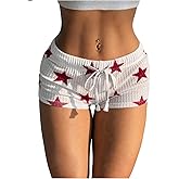 RoseSeek Women's Star Graphic Skinny Mini Shorts Waffle Knit Drawstring Low Rise Y2K Shorts Hot Pants