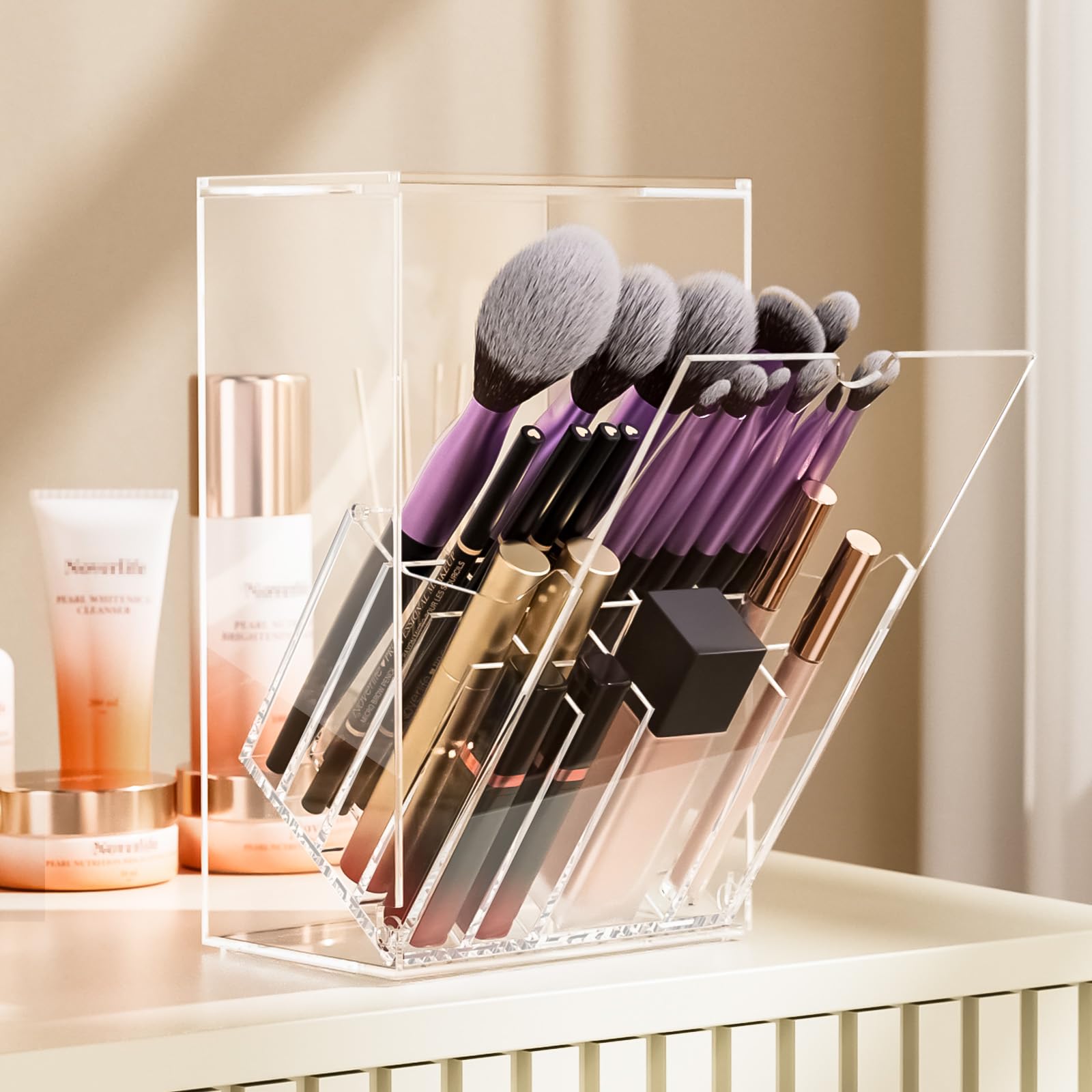 Photo 1 of Udefineit Acrylic Makeup Brush Holder, 17 Slots Makeup Brush Organizer with Tilt Open Design, Large Make Up Brushes Case Cosmetic Organizer for Vanity Bathroom Countertop Office Home