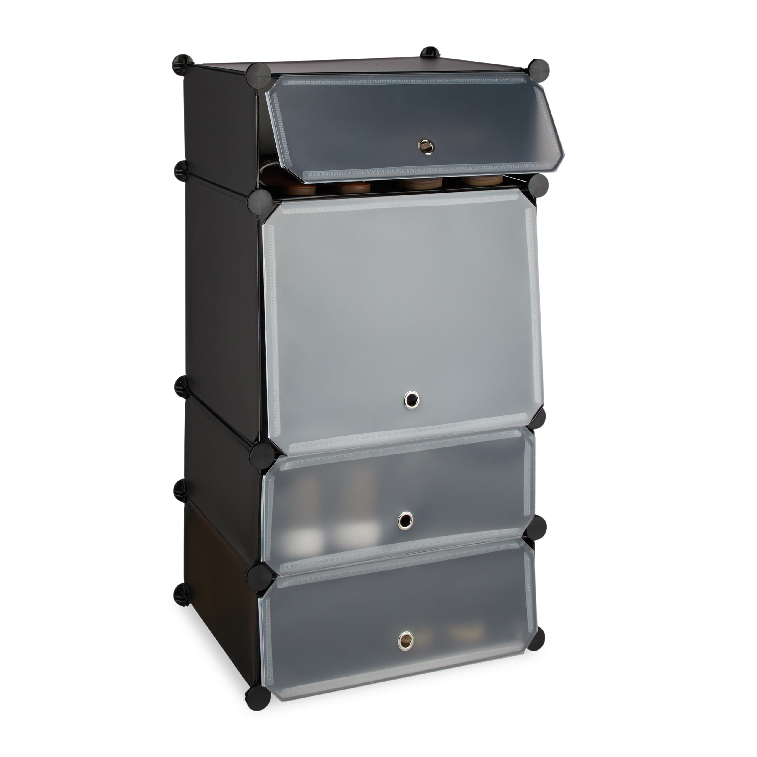 Relaxdays Plastic Shoe Cabinet, 4 Compartment Shoe Rack, Modular Shelf, H x W x D: 91 x 49 x 36.5 cm, Black