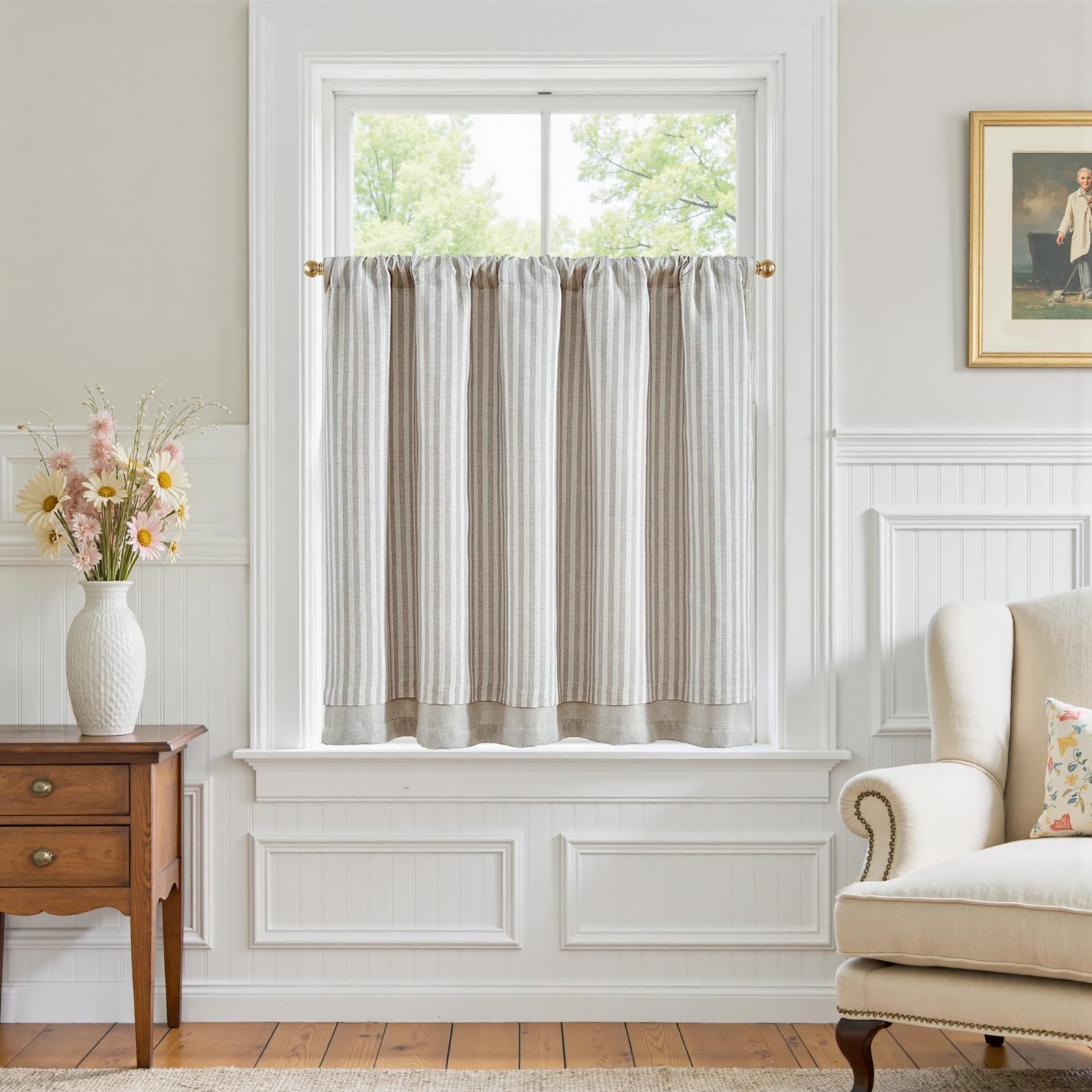 Photo 1 of jinchan Double Layer Striped Linen Kitchen Tier Curtain Pinstripe Rustic Cafe for Living Room Bathroom Half Window Curtain Light Filtering Rod Pocket 1 Panel 36 Inch Taupe Grey on Beige