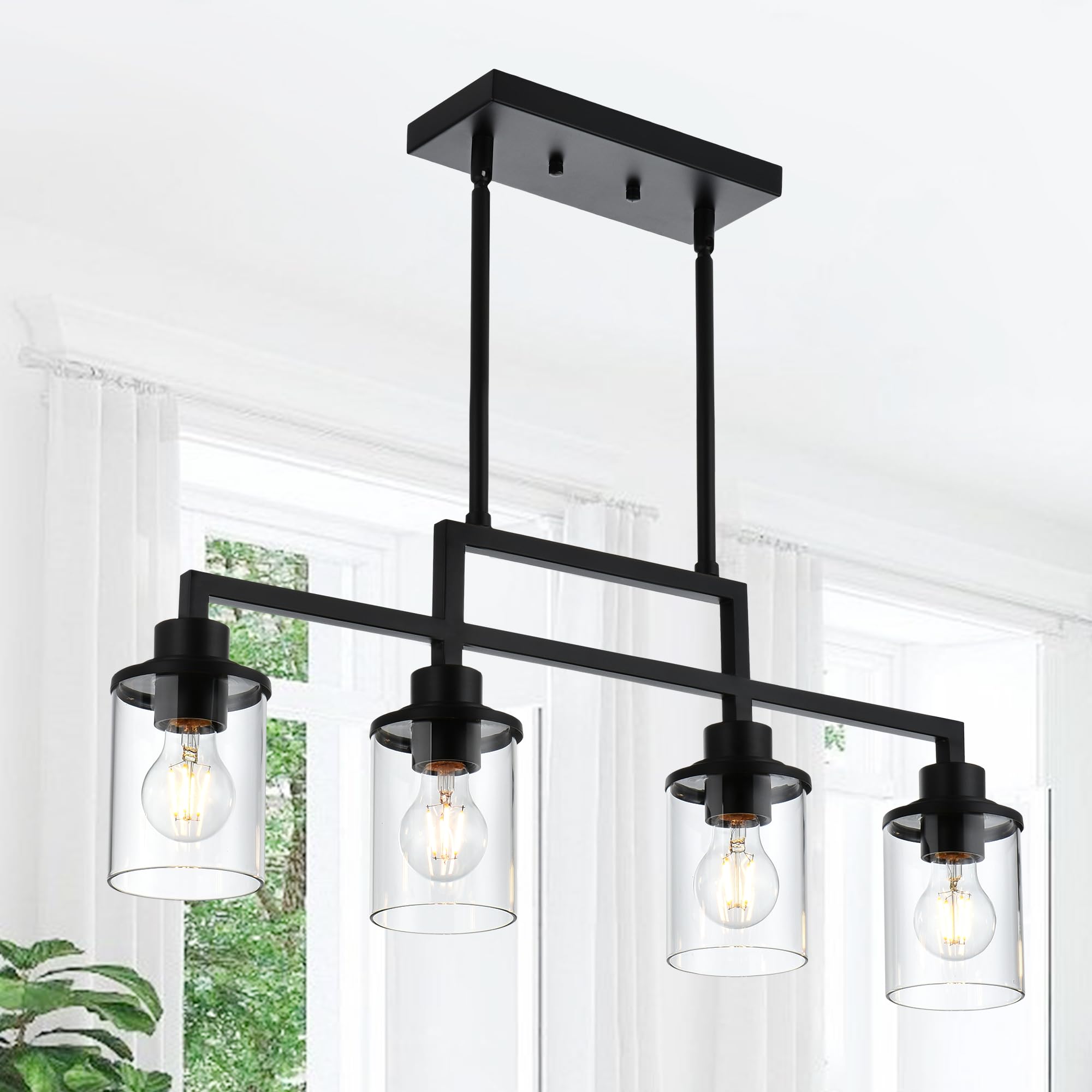 Photo 1 of MILUCES 4-Light Dining Room Light Fixture, Linear Kitchen Island Lighting Black Chandelier Farmhouse Pendant Lighting for Kitchen Island Dining Table Living Room, Height Adjustable