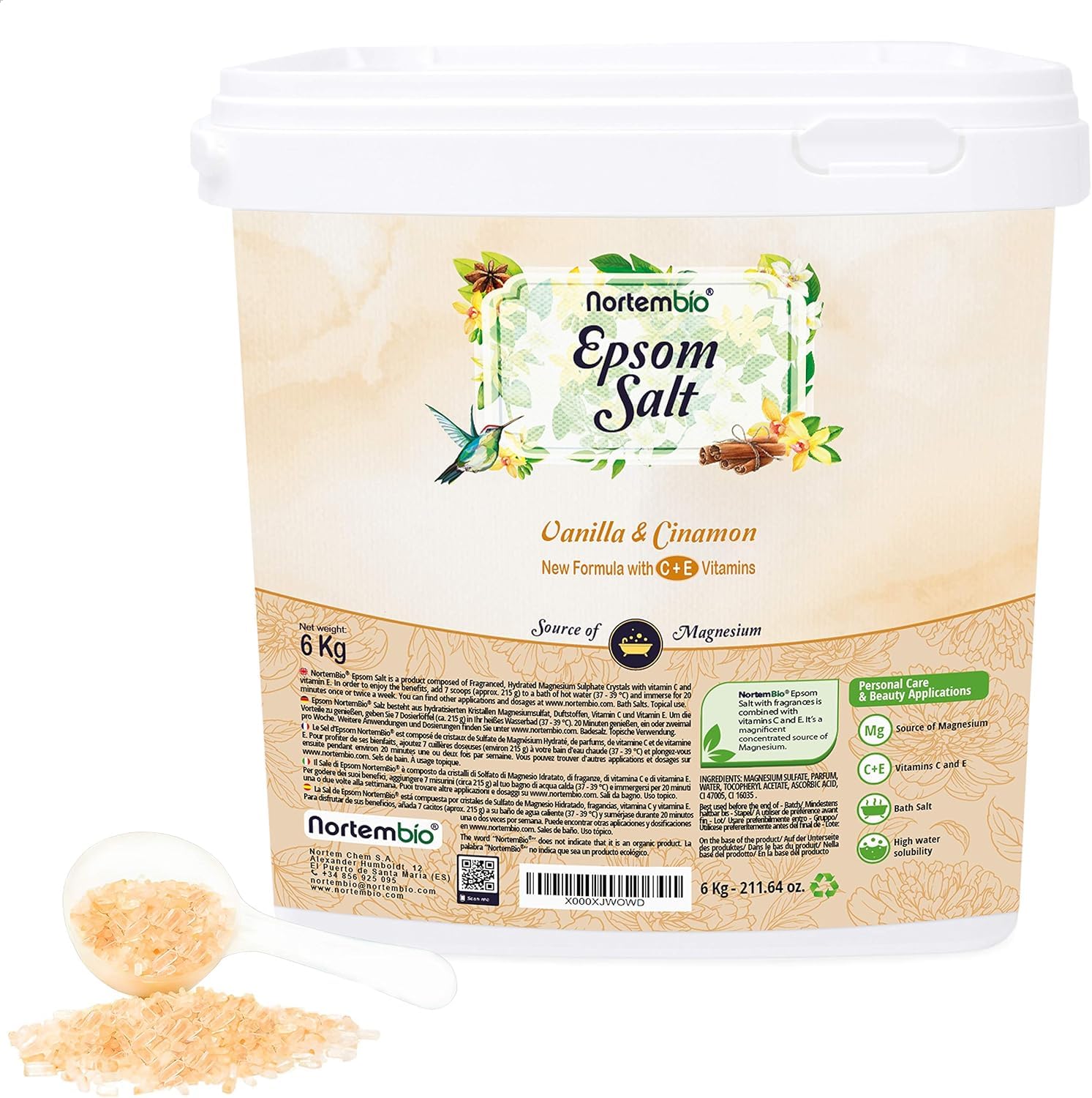 Nortembio Epsom Salt 100% Vanilla & Cinnamon Fragrance 6 kg – Natural Source of Magnesium | with Moisturizing Vitamin C & E | for Relaxing Baths, Spa & Skincare + Free E-Book — image 1