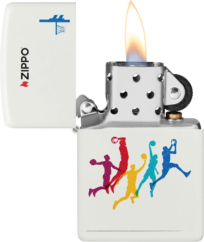 Briquet tempête Basketball, Basket-Ball, Blanc Mat, Image Couleur, Rechargeable, réutilisable, Design Coupe-Vent, boîte Cadeau, fabriqué aux États-Unis
