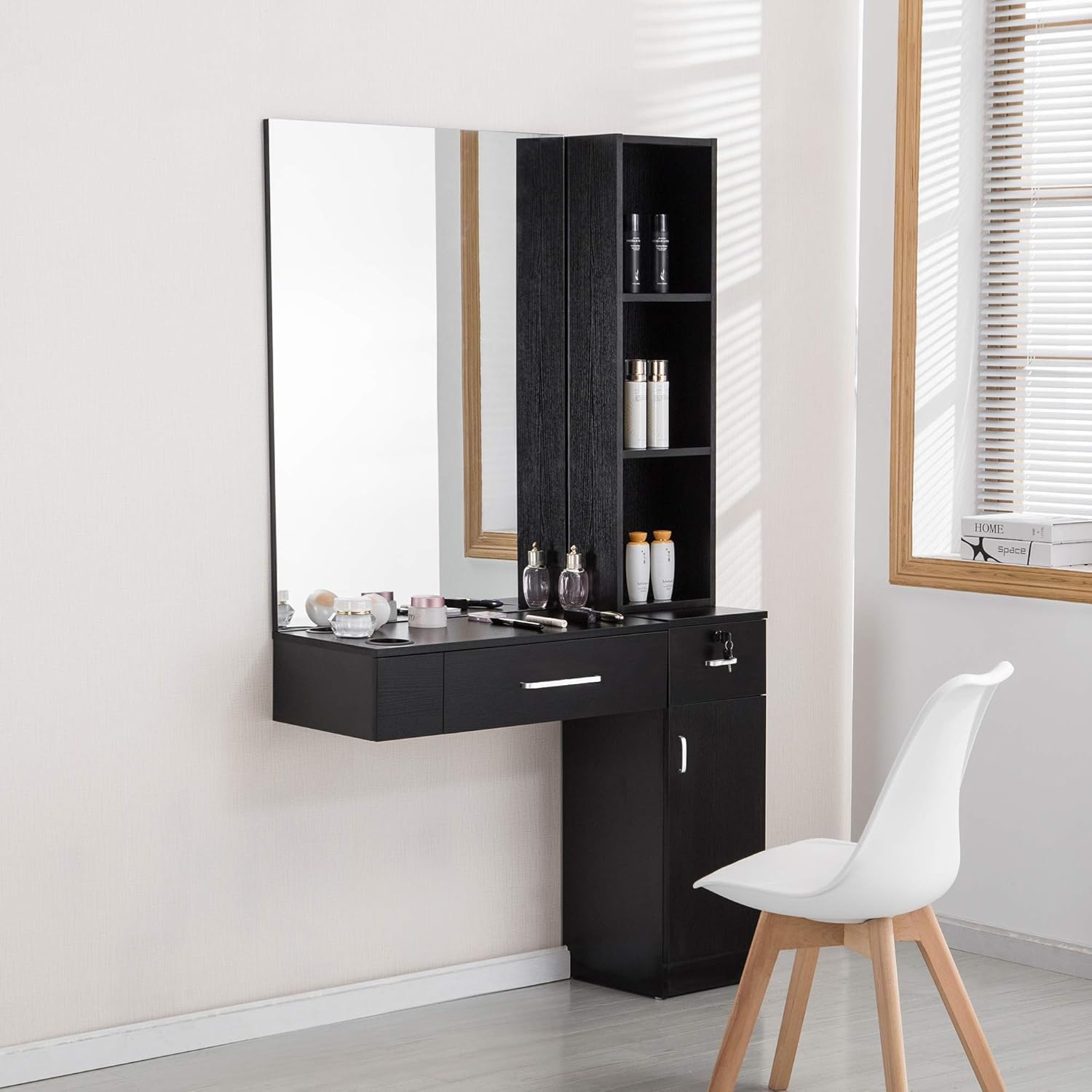 BarberPub Wall Mount Hair Styling with Mirror Barber Station Dressing Table Beauty Salon Spa Equipment Set 3026 (Right Shelf) (Black): Kitchen & Dining