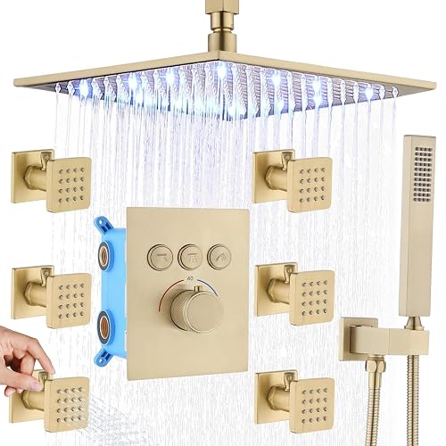 Backnets Brushed Gold Shower System 12 Inch LED Ceiling Rainfall Shower ...