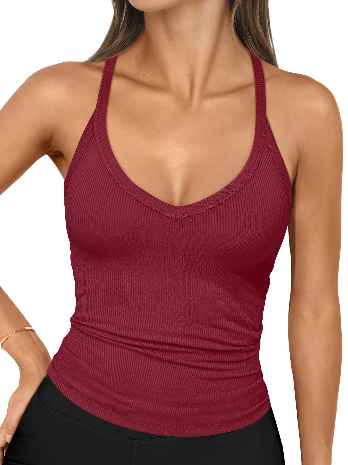 Photo 1 of Trendy Queen Womens Workout Tank Tops Racerback Summer 2025 Camisole Top V Neck Ribbed Sleeveless Beach Fashion Clothes WineRed M