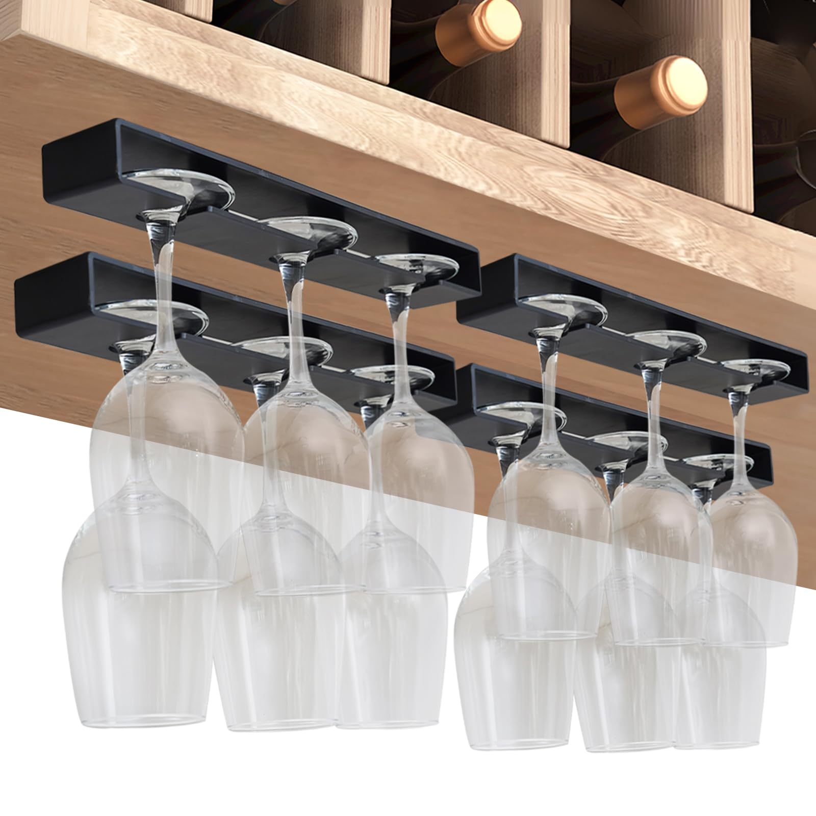 Vaisoeny Wine Glass Holder,Wine Glass Rack 4 Pack,No Drilling Wine Glass Holder Under Cabinet, Hanging Stemware Rack Organizer Hanger for Bar Cabinet Kitchen（Black）