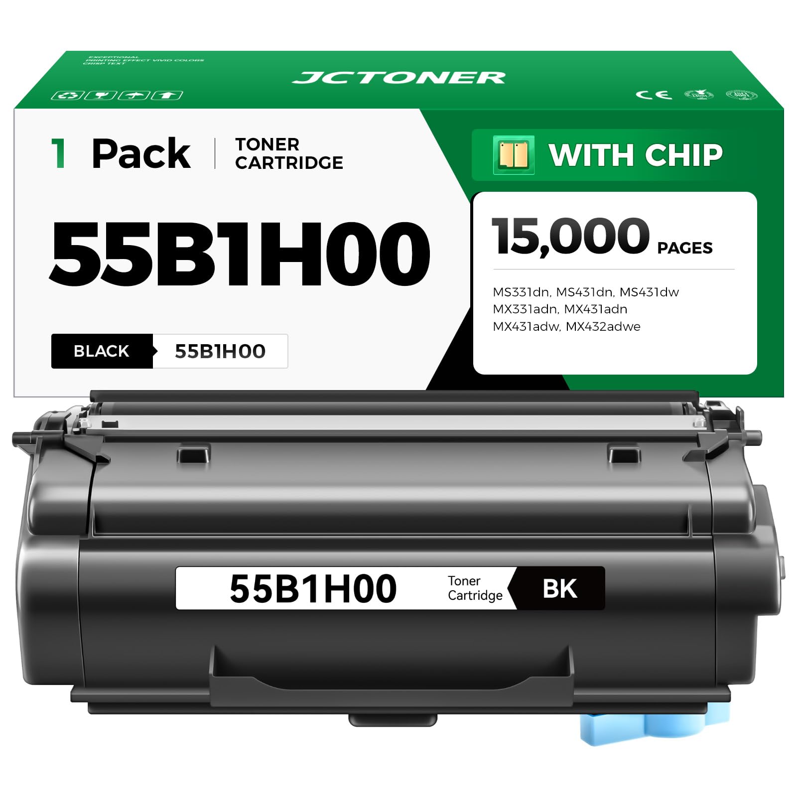 Photo 1 of 55B1H00 Toner Cartridge Black High Yield with Chip 15,000 Page-Yield Replacement for Lexmark MS331dn MS431dn MS431dw MX331adn MX431adw MX431adn MX432adwe MS331 MS431 MX331 MX431 Laser Printer 55b1000