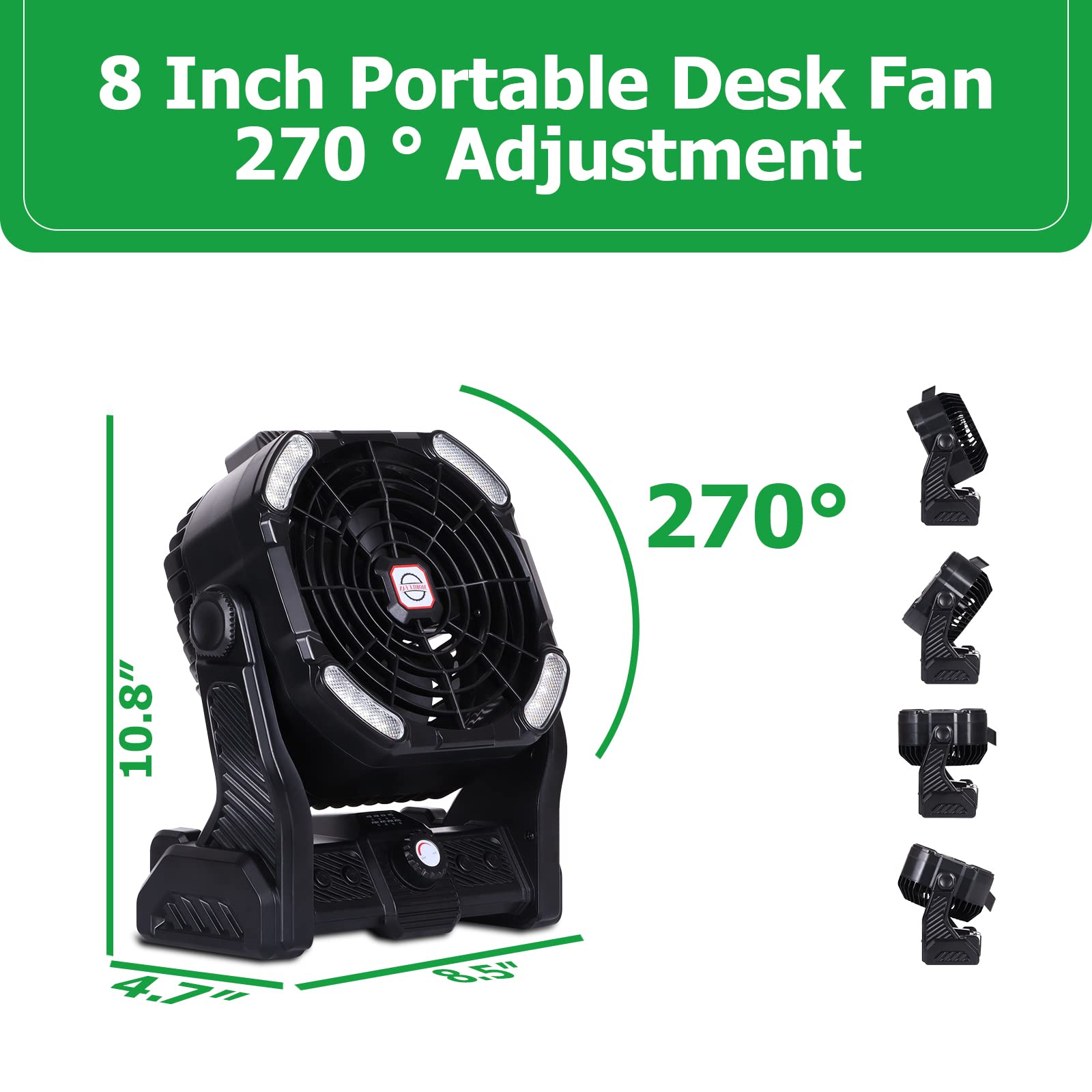 Battery Powered Fan,20000mAh Camping Essentials Rechargeable Cordless Camping Fan with LED Light & Hook，270° Pivot USB Table Battery Operated for Tent Black X26