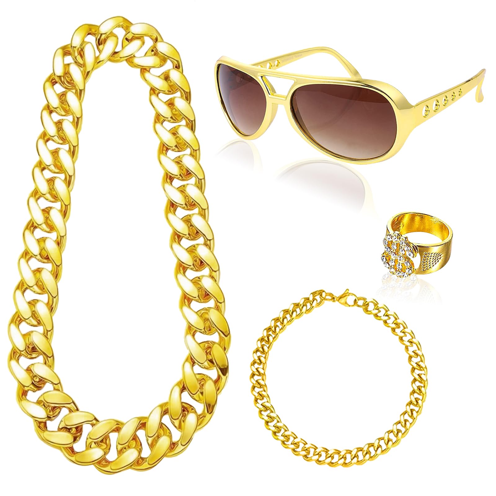 Alviller 4Pcs Hip Hop Costume Set, Hippie Accessories Kit with Fake Gold Chain Dollar Sign Ring Retro Sunglasses Golden Bracelet Fancy Dress for Rapper Women Men Party Supplies