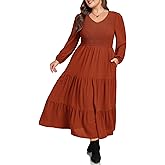 Hanna Nikole Women Plus Size Fall Dresses Long Sleeve V Neck Dress Maxi Casual Flowy Tiered 2025 Dress with Pockets