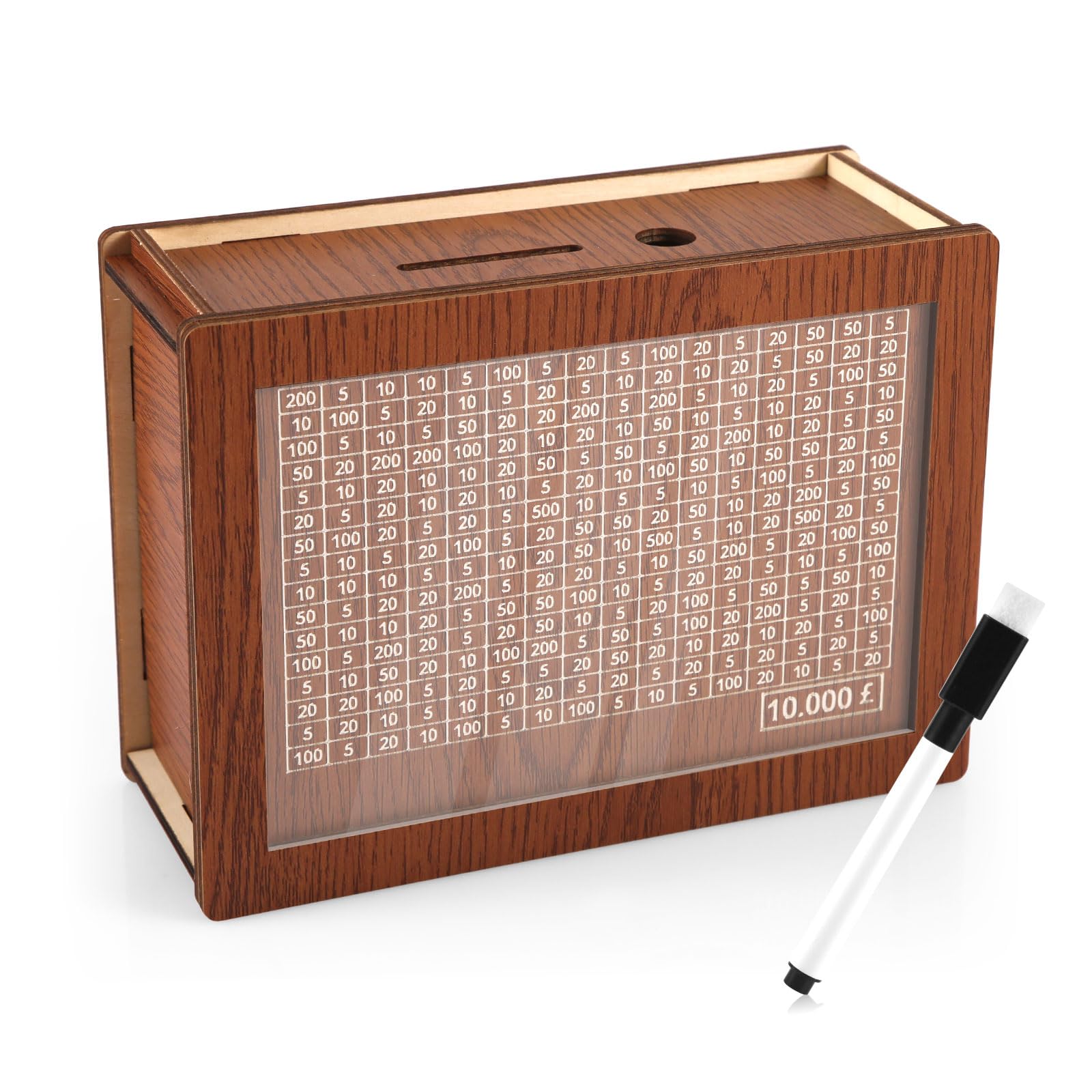 Cash Vault Wooden Savings Box, Money Box with Counter Money Vault for Cash Wood Piggy Banks Money Saver Challenge Tin for Coin Banknote Gift for Kids Adults(Dark Brown, £10,000)