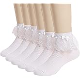 Looching 4/6 Pack Baby Toddler Girls Ruffle Socks White Lace Ruffle Frilly Eyelet Cotton Ankle Dress Socks for Little Kids