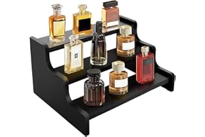 KISENG Wooden Cologne Organizer for Men, Cologne Stand with Anti-Slip Washers, Wooden Display Risers Stand for Figures, Fragrances, Dessert, Cupcake, Makeup (Black, 3-tier-9.4in)