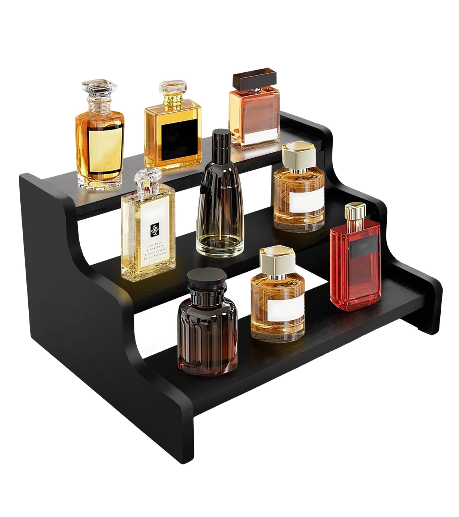 Wooden Cologne Organizer for Men, Perfume Organizer Stand, Cologne Stand with Anti-Slip Washers, Wooden Display Risers Stand for Figures, Fragrances, Dessert, Cupcake, Makeup (Black, 3-tier-9.4in)