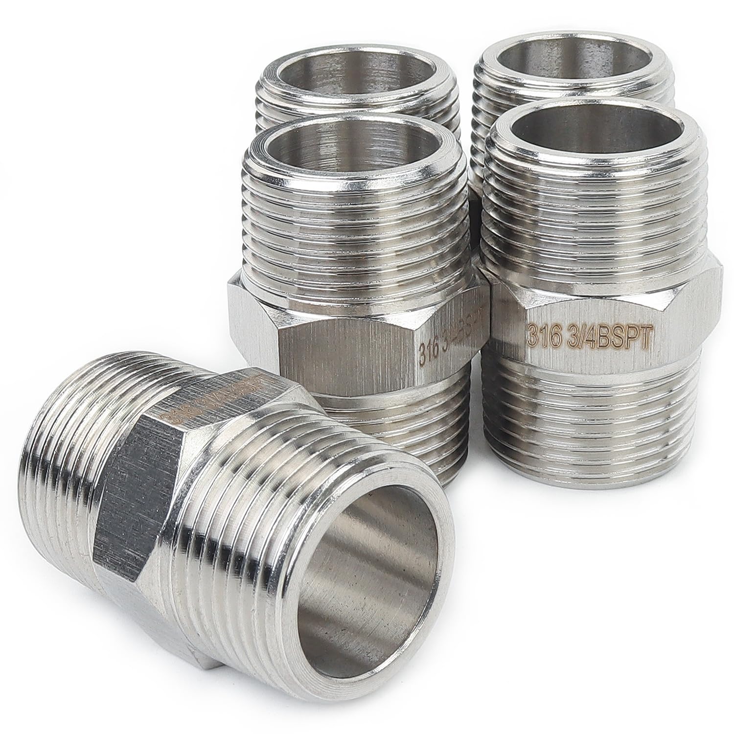 LTWFITTING Stainless Steel 316 Pipe Hex Nipple Fitting 3/4-Inch Male BSPT Air Fuel (Pack of 5)