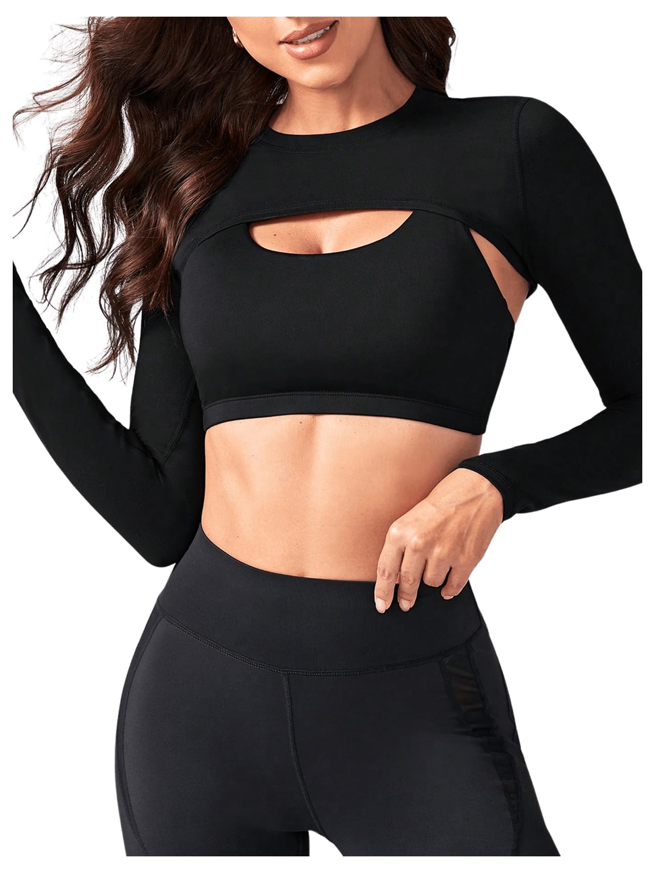 Photo 1 of SweatyRocks Women's Ultrashort Cutout Workout Crop Top Exercise Long Sleeve Tee Shirt Black XL
