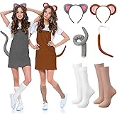 Crowye 6 Pcs Halloween Cat and Mouse Costume Accessories Include Gray Cat Ears Headband Brown Mouse Ears Headband 2 Tail and 2 Over The Calf Socks for Adult Halloween Cosplay Party