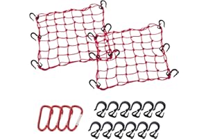 Thewinio Cargo Net 15"x15" Stretches to 30"x30" with Thicken Hooks | Natural Latex Core, Tight 2”x2” Mesh Small Heavy Duty Bungee Net for Motorcycle Helmet, Bike, ATV, UTV, Luggage (Red, 2 Pack)