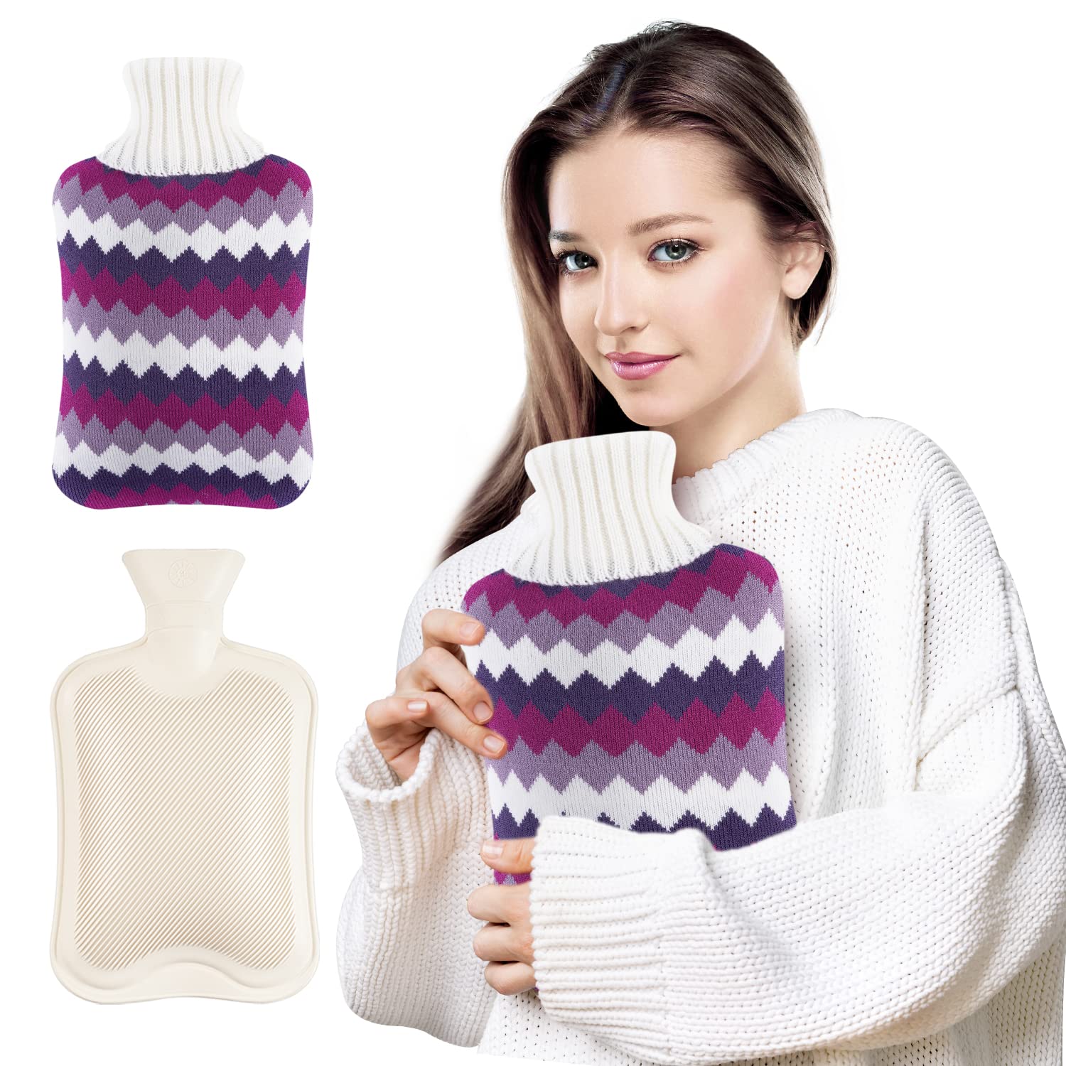 Hot Water Bottle with Cover 2L, Hot Water Bag BS1970: 2012 Certified, Hot Water Bottle Large Capacity with Premium Knitted Cover for Men and Women, Exquisite Gift for Pain Relief, Back, Neck, Legs